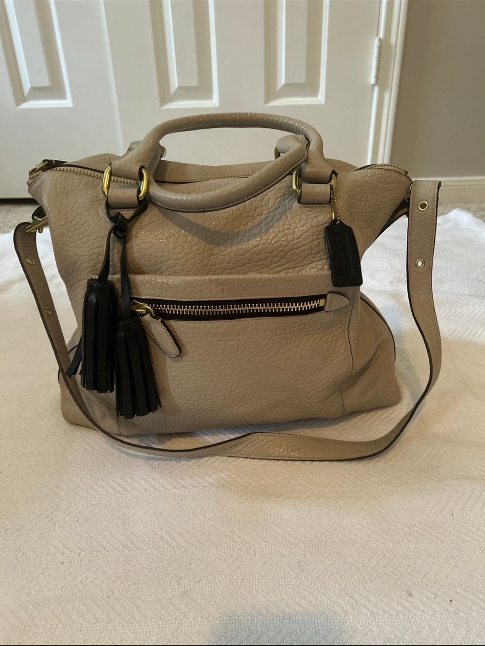 Coach Beige Leather Shoulder Satchel with Black Tassels